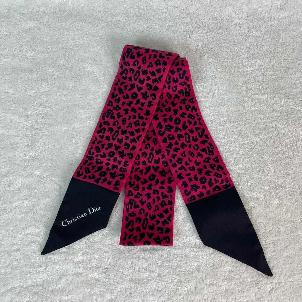 Christian Dior Mitzah Leopard Pink x Multicolor Silk Scarf W/Box